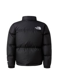 Svart dunjakke med høy krage, horisontale vatterte seksjoner, elastiske mansjetter og en logo på øvre venstre rygg.