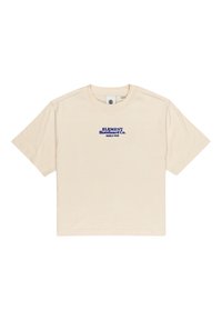 Crème-kleurige t-shirt met korte mouwen, gemaakt van zacht materiaal, met daarop blauwe geborduurde tekst "ELEMENT Skateboard Co." met een rechte snit en klassieke halslijn.