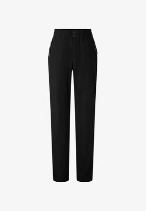 Sorte bukser med elastisk taljebånd, to sidelommer med lynlås og et lige ben design. Glat stof med få sømme og uden mønstre.