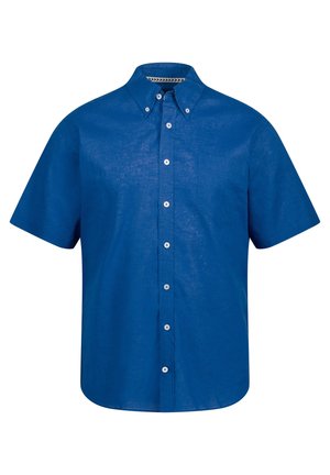 Korte mouw shirt in helderblauwe linnen. Voorzien van een button-down kraag, een borstzak en witte knopen langs de sluiting.