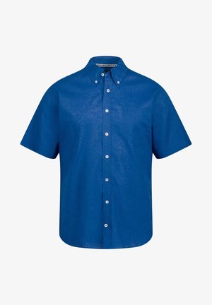 Korte mouw shirt in helderblauwe linnen. Voorzien van een button-down kraag, een borstzak en witte knopen langs de sluiting.