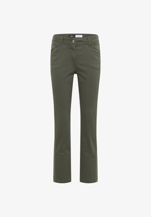 Pantalones rectos color verde oliva con bolsillos delanteros, cierre de botón y cremallera, confeccionados en tela suave.