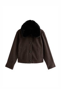 Bruine geruite jas met een kraag van zwart imitatiebont, voorzien van knoopsluiting en twee voorzakken, ontworpen met een cropped silhouet.