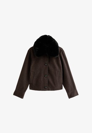 Giacca a quadri marrone con colletto in pelliccia sintetica nera, dotata di chiusura con bottoni e due tasche frontali, progettata con una silhouette corta.