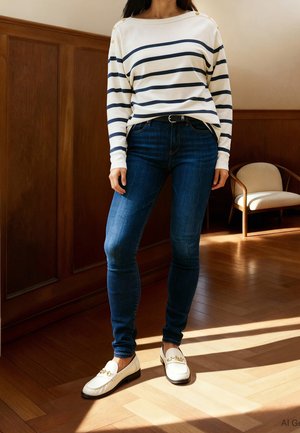 Femme portant un haut à manches longues blanc à rayures bleu marine, un jean skinny bleu foncé et des mocassins blancs, debout dans une pièce lumineuse avec des panneaux en bois.