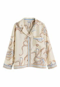 Cămașă de pijama de culoare crem, cu imprimeu de caracatiță în maro și albastru. Include un buzunar, nasturi și un design cu guler decupat.