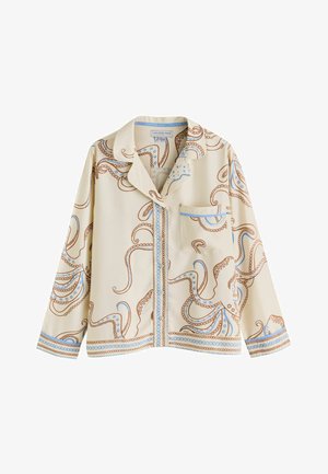 Krémově zbarvená pyžamová košile s potiskem chobotnice v hnědé a modré barvě. Obsahuje kapsu, knoflíky a výstřihem s klopy.