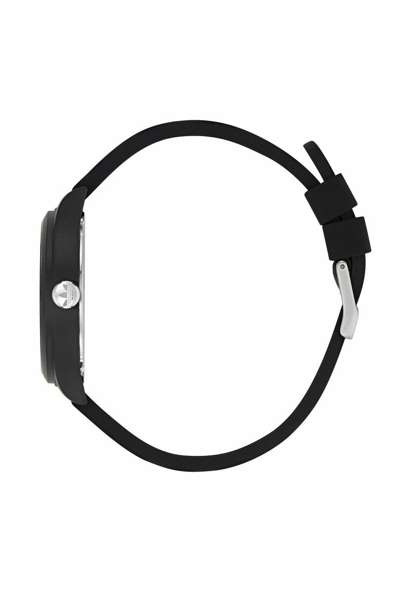 Orologio nero con cassa tonda, cinturino in silicone e corona in metallo argentato. Il design è minimalista con una finitura liscia.