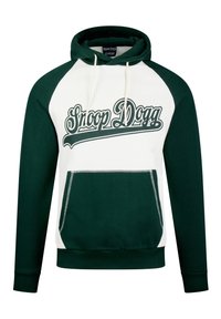 Hoodie vert et blanc avec une poche kangourou à l'avant, capuche avec cordon de serrage et graphique "Snoop Dogg" en lettres stylisées sur la poitrine.