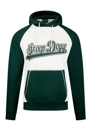 Green and white hoodie with a front kangaroo pocket, drawstring hood, and "Snoop Dogg" graphic in a stylized font across the chest.