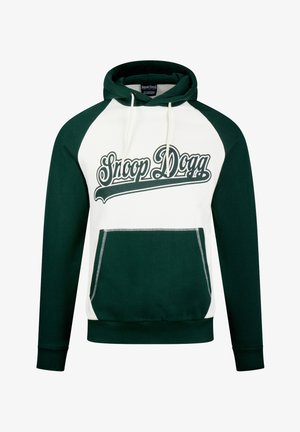 Vihreä ja valkoinen huppari, jossa on etupuolella kengurupussi, kiristettävä huppu ja "Snoop Dogg" -grafiikka tyylitellyllä fontilla rinnassa.