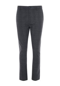 Pantalones de cuadros grises con corte slim, confeccionados con una tela texturizada. Presentan un frente plano y un cierre de botón sencillo en la cintura.