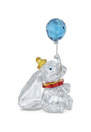 Klare Kristall-Elefantenfigur mit einem gelben Hut, rotem Kragen und einer blauen facettierten Ballon, versehen mit glatten und strukturierten Oberflächen.