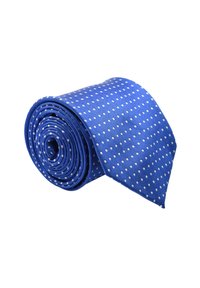 Cravatta blu con pois, arrotolata, realizzata in materiale simile alla satin. Presenta piccoli punti bianchi distribuiti uniformemente, con un'estremità appuntita e una texture liscia.