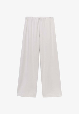 Svijetlo sivi široki hlače s elastičnom trakom. Glatka, mekana tkanina bez vidljivih uzoraka ili hardverskih detalja.