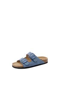Sandal a infradito blu in suede con due fibbie regolabili, soletta in sughero sagomata e suola in gomma nera. Design minimalista con punte dei piedi aperte.