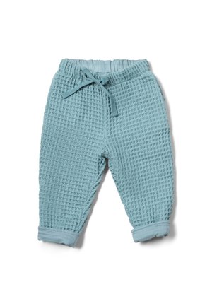 Blue waffle-textured pants with a drawstring waist and cuffed ankles, made from soft fabric for comfort and ease of movement.
