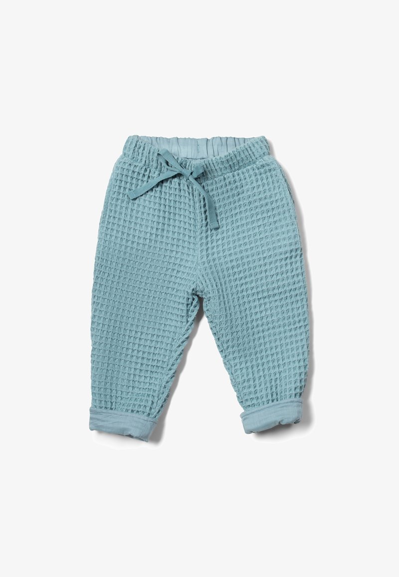 Blue waffle-textured pants with a drawstring waist and cuffed ankles, made from soft fabric for comfort and ease of movement.