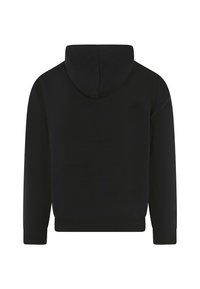 Felpa nera con cappuccio regolabile, maniche lunghe e orlo a coste. Il tessuto appare liscio con un design semplice e senza loghi o dettagli visibili.