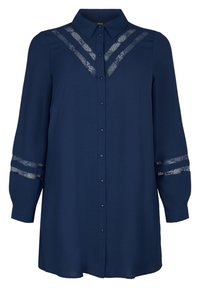 Blouse bleu marine avec des accentuations en dentelle sur les manches et le col, fermeture à boutons sur le devant, manches longues et coupe décontractée. Tissu doux.