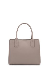 Borsa in pelle beige con due manici superiori, forma rettangolare, finitura testurizzata e design minimalista. Nessun hardware o accenti visibili.