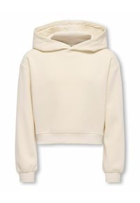 Sudadera corta de color crema claro con una gran capucha, mangas largas, puños acanalados y una textura suave. Diseño simple sin patrones visibles.