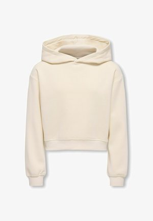 Jasnakremowa krótka bluza z dużym kapturem, długimi rękawami, prążkowanymi mankietami i miękką fakturą. Prosty design bez widocznych wzorów.