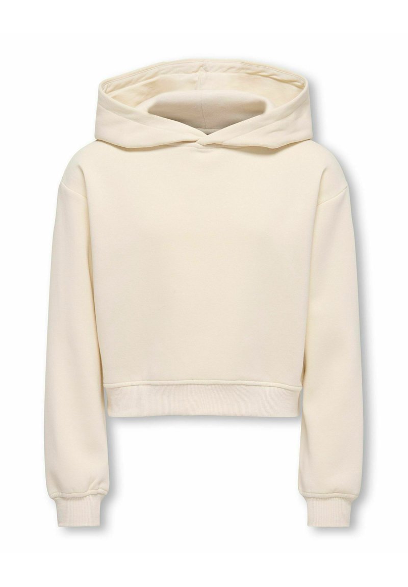 Sudadera corta de color crema claro con una gran capucha, mangas largas, puños acanalados y una textura suave. Diseño simple sin patrones visibles.