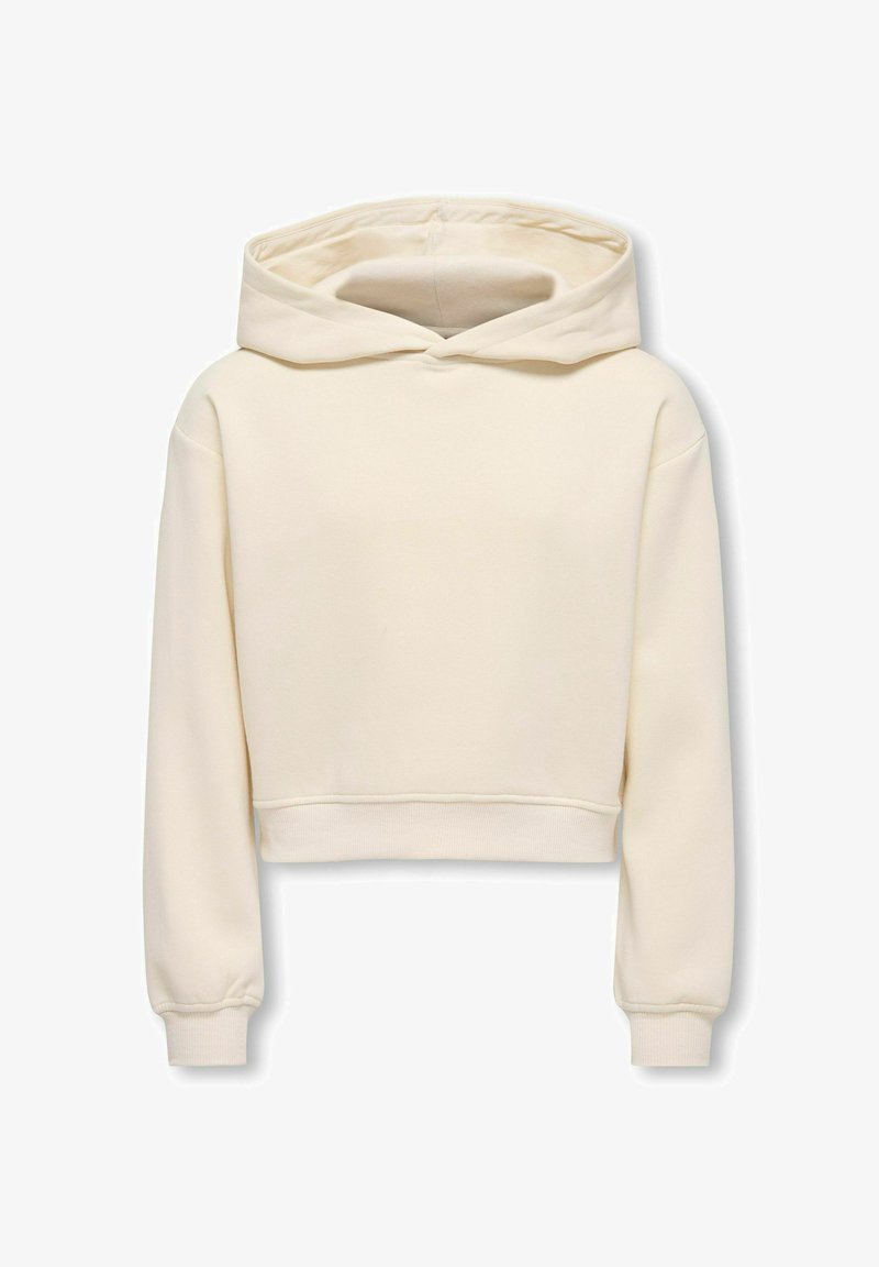 Világos krém színű, rövidített kapucnis pulóver, nagy kapucnival, hosszú ujjal, bordázott mandzsettával és puha tapintással. Egyszerű dizájn, látható minták nélkül.