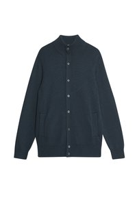 Dunkelblauer Cardigan mit hohem geripptem Kragen, Knopfleiste, zwei Fronttaschen sowie gerippten Bündchen und Saum. Glatte Strickoberfläche.