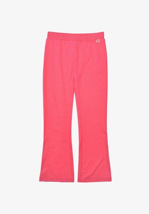 Bright pink, straight-leg pants with elastic waistband and small star logo tag near waist, displayed on white background.