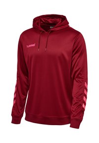 Bordowa bluza z kapturem i długimi rękawami ze sznurkami, różowe logo "hummel" na piersi i trzy różowe wzory na każdym rękawie.