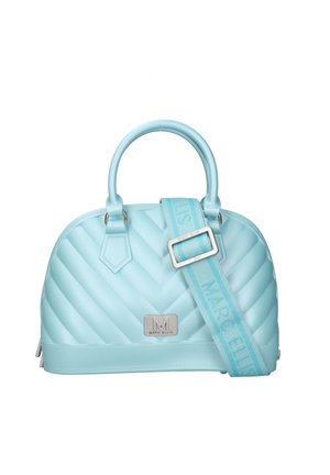 Sac à main matelassé bleu clair avec poignées arrondies et bandoulière réglable avec la marque "Marc Ellis".