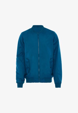 Giacca bomber turchese con zip frontale, colletto e polsini a coste. Presenta due tasche laterali e un tessuto liscio e leggero.