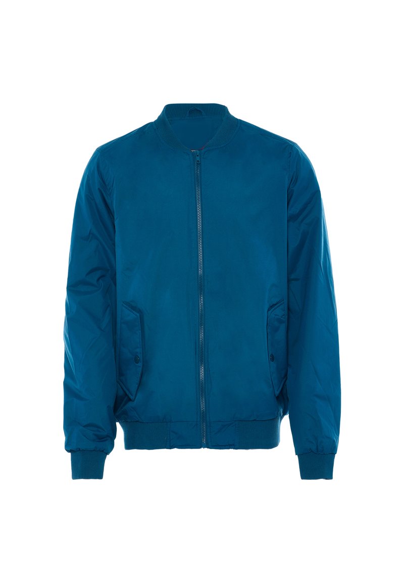 Giacca bomber turchese con zip frontale, colletto e polsini a coste. Presenta due tasche laterali e un tessuto liscio e leggero.