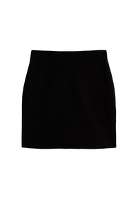 Falda negra con relieve, de forma ajustada y cintura alta. La tela tiene un acabado texturizado que proporciona un patrón sutil en toda su superficie.