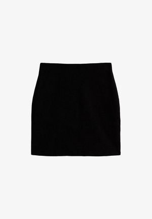 Falda negra con relieve, de forma ajustada y cintura alta. La tela tiene un acabado texturizado que proporciona un patrón sutil en toda su superficie.