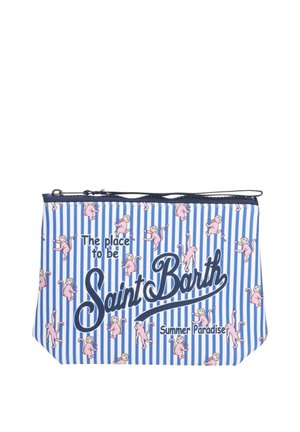 Bustina a righe bianche e blu con scimmie rosa e scritta "The place to be Saint Barth Summer Paradise" con cerniera blu navy.