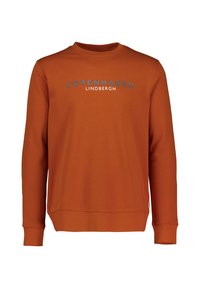 Oranje sweatshirt met ronde hals, lange mouwen en geribbelde manchetten. Beschikt over de tekst "COPENHAGEN LINDBERGH" in het grijs gedrukt op de borst.