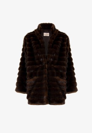 Brown faux fur coat featuring a soft, plush texture, open front design, and wide, oversized sleeves. No visible buttons or fasteners.