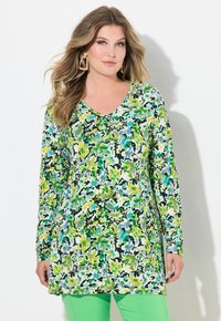 Bluse mit floralem Druck und langen Ärmeln, in Grün-, Gelb- und Blautönen. V-Ausschnitt, weicher Stoff und lockere Passform.