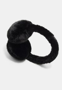 Cuffie in pelliccia sintetica nera con design arrotondato, dotate di una consistenza morbida e di un cinturino flessibile per comfort e calore.