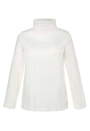 Bílý dlouhý rukáv turtleneck top vyrobený z měkké tkaniny. Obsahuje vysoký, těsný límec a rovný střih s hladkou texturou.