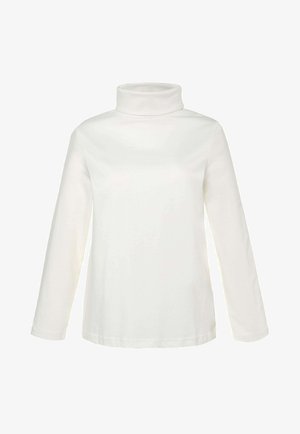 Maglietta a maniche lunghe bianca con collo alto realizzata in tessuto morbido. Presenta un colletto alto e aderente e un taglio dritto con una texture liscia.