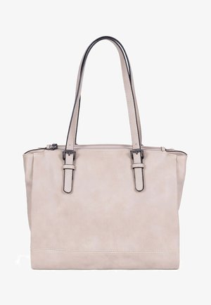 Beige imitatie-leer schoudertas met twee lange zwarte handvatten, ritssluiting aan de bovenkant en een gladde, textuur-vrije oppervlakte.