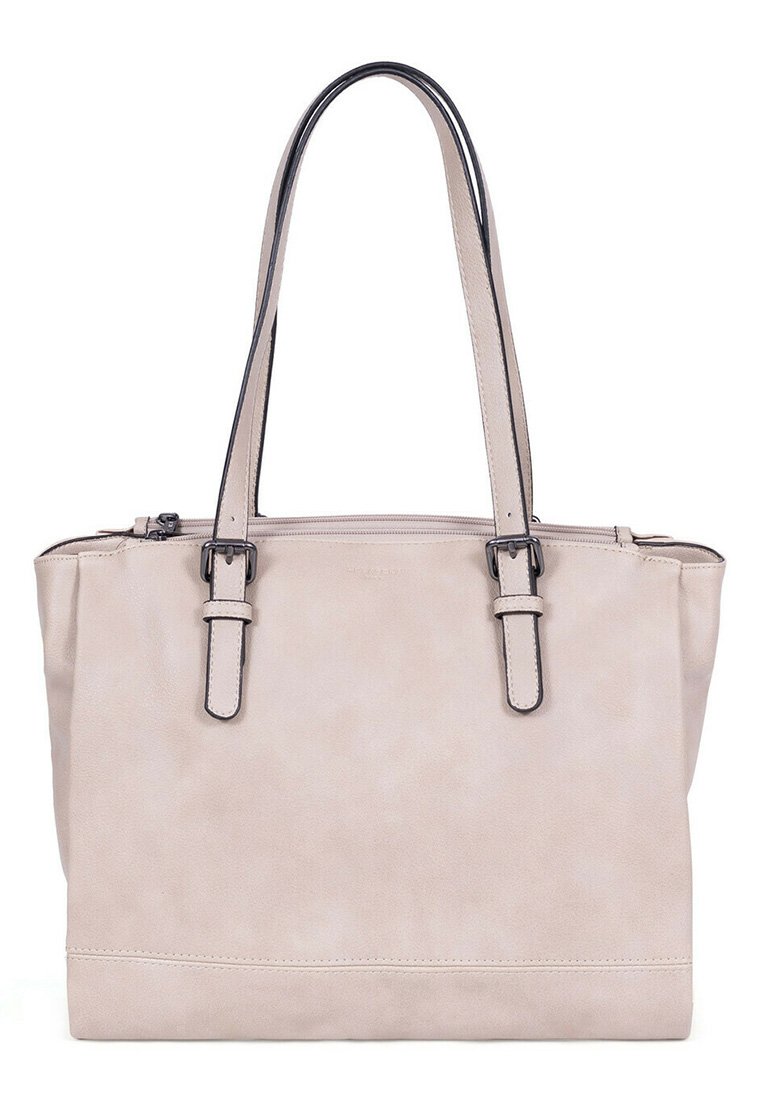 Beige imitatie-leer schoudertas met twee lange zwarte handvatten, ritssluiting aan de bovenkant en een gladde, textuur-vrije oppervlakte.