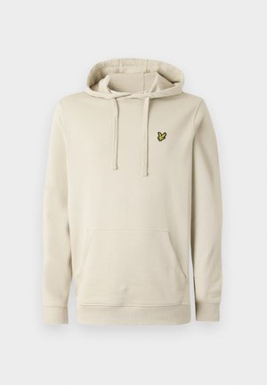 Licht beige hoodie gemaakt van zachte stof met een voorste kangoeroezak, verstelbare trekkoorden en een klein geel geborduurd logo.