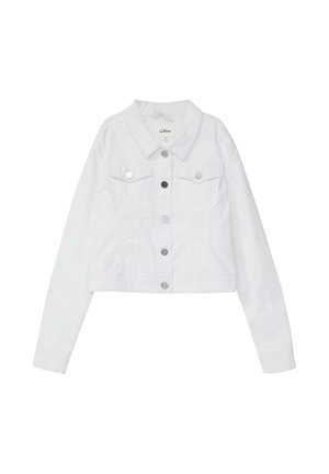 Biała dżinsowa kurtka z długimi rękawami, zapięciem na guziki z przodu, kołnierzem oraz dwoma kieszeniami na piersi z patkami zapinanymi na guziki.