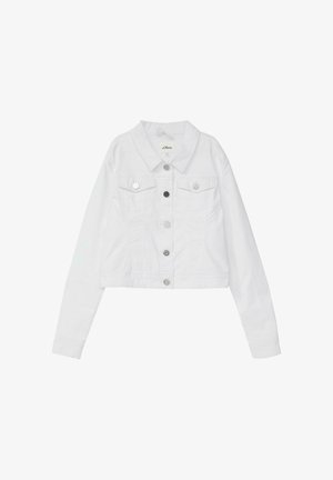 Witte spijkerjas met lange mouwen, knoopsluiting aan de voorkant, kraag en twee borstzakken met knoopflappen.
