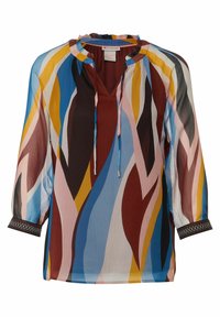 Blusa colorata realizzata in tessuto leggero, con scollatura a V, motivi astratti colorati a vortice in blu, marrone, rosa e giallo, con maniche arricciate.